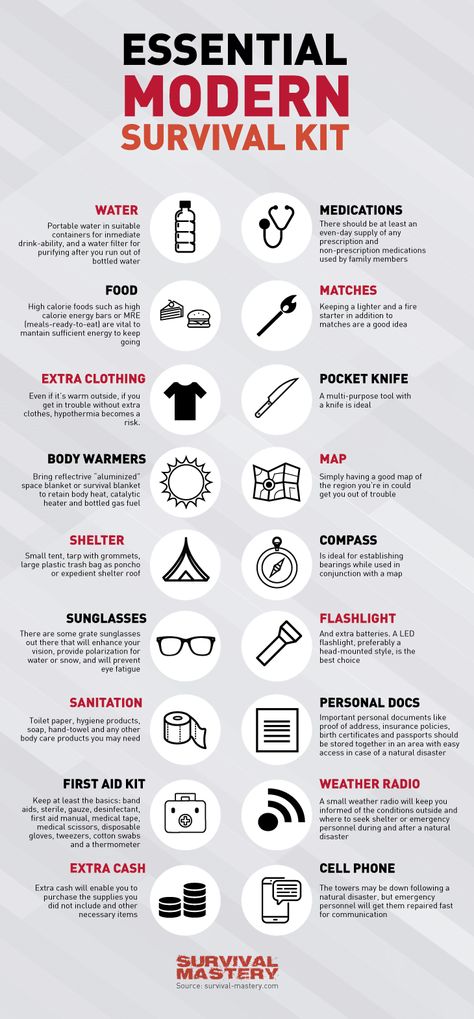 Survival kit infographic Primitive Camping, Survival Essentials, Survival Supplies, Survival Techniques, Urban Survival, Survival Life, Survival Food, Wilderness Survival, Survival Prepping