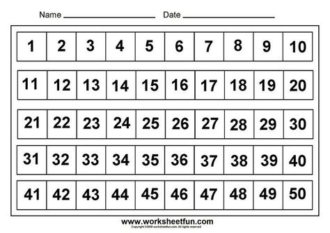 Numbers 1-50 Worksheets 50 Chart Free Printable, 1 To 50 Numbers Chart Printable, Number Grid 1-50, Kids Learning Numbers, Number Recognition Worksheets, Counting Worksheets For Kindergarten, Number Worksheets Kindergarten, Number Grid, Free Printable Numbers