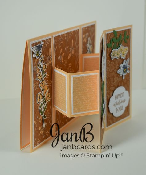 Suspended Book Fold Card Video - JanB Cards Trifold Cards Tutorial, Concertina Cards, Book Fold Card, Stampin Up Tutorials Videos, Card Shapes, Fancy Fold Card Tutorials, Step Cards, Card Folds, Fun Folds