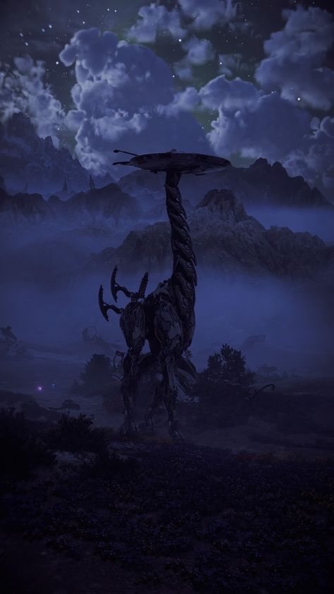 A portrait screenshot of a tallneck, a huge giraffe-like machine from Horizon Forbidden West, walking through a valley at nighttime. Foggy mountains and clouds can be seen in the distance. Forbidden West Horizon, Horizon Forbidden West Wallpaper Iphone, Aloy Wallpaper Iphone, Tallneck Horizon Zero Dawn, Horizon Forbidden West Landscape, Horizon Forbidden West Aesthetic, Horizon Forbidden West Art, Horizon Zero Dawn Landscape, Horizon Forbidden West Machines