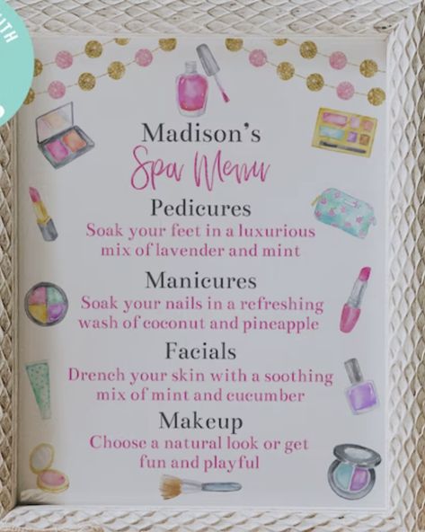 Spa Tea Party, 6th Birthday Spa Party Ideas, Spa Birthday Food Ideas, Teen Spa Party 13th Birthday, Diy Spa Party For Women, 5th Birthday Spa Party, Spa Bday Party For Kids, Diy Kids Spa Party, Salon Birthday Party Ideas Kids