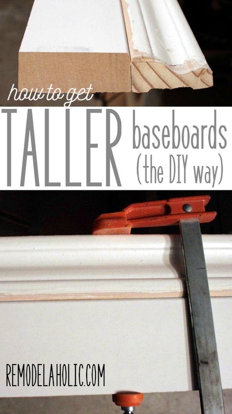 Easy way to DIY taller baseboards, using your existing trim - as little as 20 cents per foot @Remodelaholic Taller Baseboards, Tall Baseboards, Farmhouse Side Table, Picture Frame Decor, Cute Dorm Rooms, Design Rules, Upstairs Bathrooms, Home Inspo, Up House