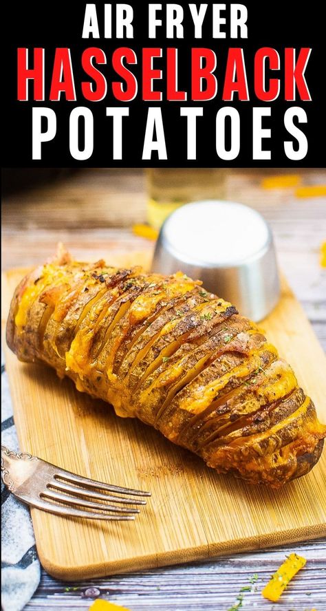 Air Fryer Hasselback Potatoes are crisp outside and tender inside! The potato slices are stuffed with cheese and bacon and have delicious flavor in every bite. Air Fried Hasselback Apples, Air Fryer Hasselback Potato Recipes, Air Fry Hasselback Potatoes, Air Fryer Hassle Back Potatoes, Airfryer Hasselback Potatoes, Sliced Baked Potatoes In Air Fryer, Hassle Back Potatoes Air Fryer, Air Fry Baked Potatoes Recipes, Hassleback Potatoes Airfryer