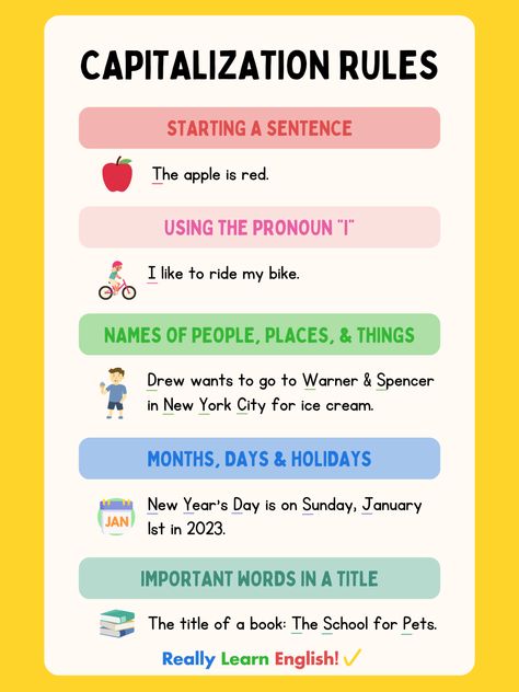 Capitalization rules are the guidelines that help us determine how to properly compose a sentence. Here's an easy guide so you can keep your writing consistent and readable: 📝 https://www.really-learn-english.com/capitalization-rules.html Sentence Rules, Preschool Report Card Comments, Capitalization Rules, Grammar Notes, N Names, English Grammar Notes, English Knowledge, Rules Poster, English Grammar Rules