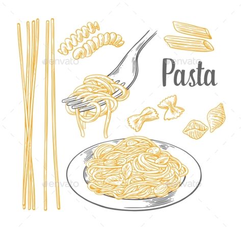 Pasta Fork Illustration, Pasta Drawing, Fork Drawing, Pasta Tattoo, Fusili Pasta, Pasta Illustration, Kids Pasta, Pasta Art, Carbonara Pasta