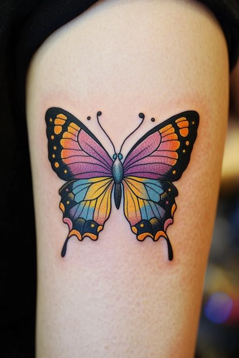 Colored Tattoos For Women, Color Butterfly Tattoo, Butterfly Tattoo Color, Colored Tattoos, Colorful Butterfly Tattoo, Color Butterfly, Butterfly Tattoos, Colorful Butterfly, Bright Colored