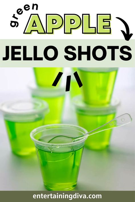 These green apple martini jello shots are tart and fruity. They're made with Vodka, Apple Pucker (or Schnapps), Jolly Rancher Green Gelatin, and apple juice for the perfect balance of sweet and sour. But be careful, they disappear quickly at parties! #fromhousetohome #jelloshots #recipe #applejuice #appleschnapps #jollyranchergreenapplegelatin Apple Vodka Jello Shots, Green Apple Vodka Jello Shots, Sonic Green Apple Jello Shots, Apple Pucker Jello Shots, Green Apple Jello Shots, Green Jello Shots, Apple Jello Shots, Holiday Jello Shots, Jolly Rancher Jello