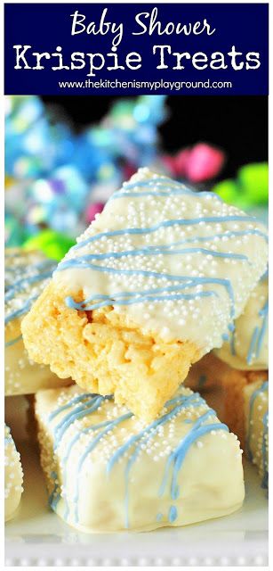 White Chocolate-Dipped Rice Krispie Treats ~ An easy &  fun treat for a baby shower or ANY occasion! #babyshower #babyshowerideas #krispietreats #whitechocolate  www.thekitchenismyplayground.com Unicorn Cakepops, Chocolate Dipped Rice Krispie Treats, Baby Shower Desserts Boy, Pumpkin Rice, Dessert Cravings, Chocolate Chip Shortbread Cookies, Baby Shower Treats, Shower Desserts, Baby Shower Desserts