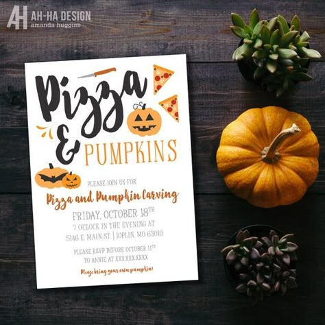 Pizza And Pumpkins Carving Party Printable 5 x 7 Invitation | Pumpkin Carving Pizza Party Digital Do Pumpkins Carving, Pumpkin Carving Party Invitations, Pumpkin Painting Party, Imprimibles Halloween, Fall Harvest Party, Pumpkin Invitation, Pumpkin Carving Party, Fall Birthday Parties, Pumpkin Birthday