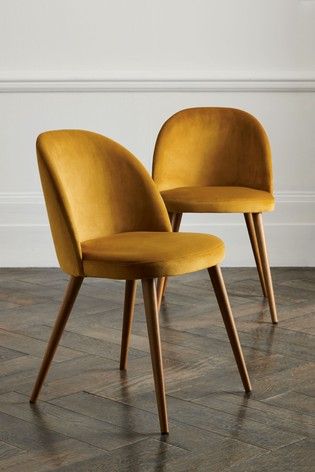 Opulent Velvet Ochre Set of 2 Zola Dining Chairs With Walnut Effect Legs Acacia Wood Furniture, Yellow Dining Chairs, Yellow Chairs, Retro Dining Chairs, Hague Blue, Dining Office, Yellow Chair, Table Bistrot, Kitchen Tables