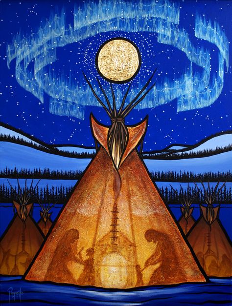 Coming Home, acrylic / gold leaf on canvas, 36"x48" - Imgur Moon In The Sky, Native Artwork, Native American Paintings, Native American Artwork, Inuit Art, American Painting, Native American Artists, Southwest Art, American Indian Art