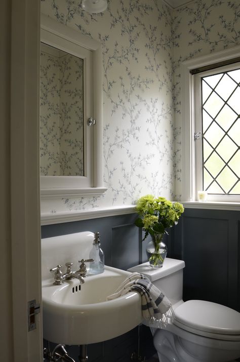 COLONIAL REMODEL – Emerick Architects Wallpaper Powder Room Traditional, British Powder Room, Colonial Style Bathroom Ideas, Colonial Half Bath, Powder Room Paneling And Wallpaper, Small Bathroom Ideas Traditional, Traditional Half Bath, Half Wallpaper Half Paneling, Wainscoting Modern