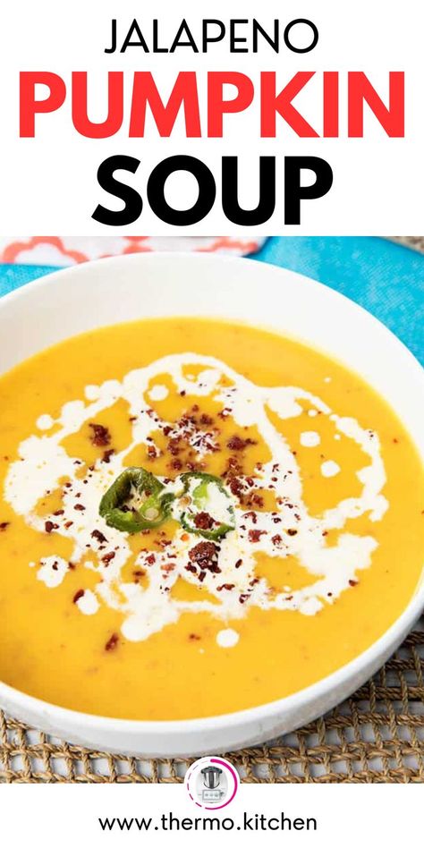 Warm up with a bowl of spicy Jalapeno Pumpkin Soup with Chorizo Crumb, perfect for cold days or when you're feeling under the weather. Pumpkin Jalapeño Soup, Pumpkin Chorizo Soup, Cafe Zupas Pumpkin Chorizo Soup, Southwest Pumpkin Soup, Soup With Chorizo, Jalapeño Soup, Spicy Pumpkin Soup, Soup Spicy, Roasted Jalapeno