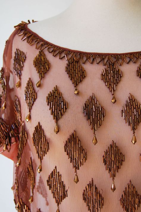 1920's Brown Crepe Beaded Flapper Top Bordados Tambour, New Embroidery Designs, Hand Beaded Embroidery, Hand Embroidery Dress, Beadwork Embroidery, Motifs Perler, 1920s Vintage, Bead Embroidery Tutorial, Kurti Embroidery Design