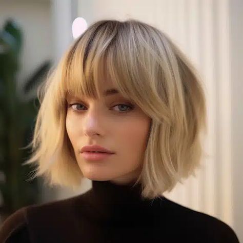 Short Bob With Full Fringe, Blond With Bangs Medium, Blonde Choppy Bob With Fringe, Lob With Bangs Square Face, Full Fringe Bob, Full Bangs Short Hair, Soft Fringe Bangs, Short Hair Low Taper, Blonde Hair Shoulder Length