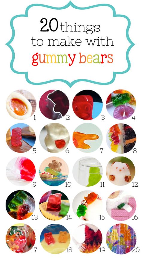 20 things to make with gummy bears Things To Make With Gummy Bears, Gummy Bear Desserts, Gummy Bear Crafts, Gummy Bear Decorations, Gummy Bear Cakes, Gummy Bear Recipe, Haribo Gummy Bears, Gelatin Art, Candy Gummy