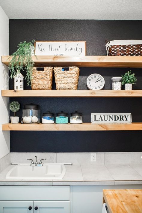 Wood Shelf In Laundry Room, Black Floating Shelves Laundry Room, Shelf Decor Laundry Room, Butcher Block Shelves In Laundry Room, Laundry Shelves Decor, Black With Natural Wood, Laundry Room With Floating Shelf, Butcher Block Shelf Laundry Room, Laundry Wall Shelves