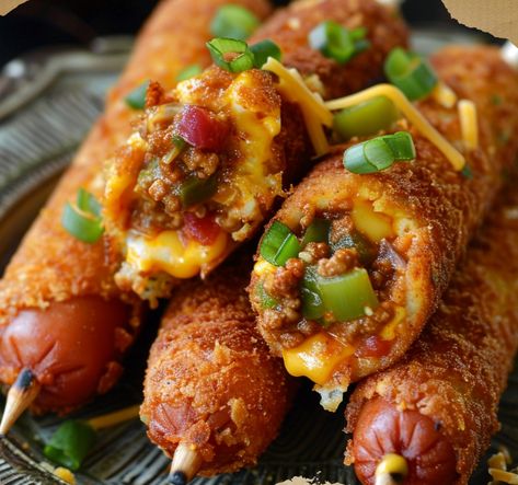 Get ready to elevate your corn dog game with Chili Cheese Stuffed Corn Dogs! These mouthwatering treats take the classic corn dog to a whole new level by stuffing them with hearty chili and gooey cheese for an explosion of flavor in every bite. Imagine sinking your teeth into a crispy, golden-brown corn dog shell,... Corndog Bites, Deep Fried Bacon, Chicken Potato Casserole, Chicken Bacon Pasta, Favorite Chili Recipe, Cabbage And Potatoes, Chili Cheese Dogs, Homemade Mexican, Buttered Corn