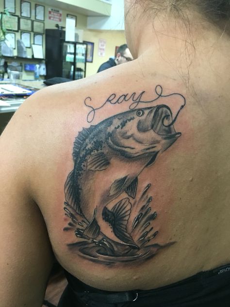 Bass Tattoo Fish For Women, Bass Fish Tattoo Women, Large Mouth Bass Tattoo, Bass Tattoo Fish, Bass Fish Tattoo, Tattoos Fishing, Bass Tattoo, Fisherman Tattoo, Bass Fishing Tattoo