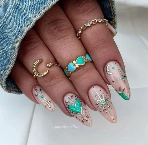 Epic Nails Designs, Burning Man Nails, Mystic Nail Art, Mystical Nail Designs, Nails Spiritual, Lunar Nails, Spiritual Nails, Mystical Nails, Coachella Nails