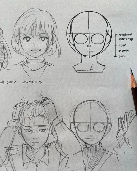 Art Reference Face Anime, Face Structure Reference Drawing, Anime Face Practice, Head Drawing 3/4, Head Shapes Drawing Reference, Practice Face Drawing, Chommang Anatomy, Head Practice Drawing, Anime Face Structure