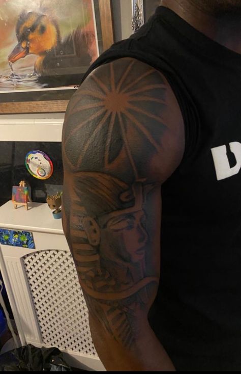 Egyptian Shoulder Tattoo Men, Dark Skin Men Tattoo Ideas, Black God Tattoo, Tattoos On Dark Skin Black Men, Egyptian Shoulder Tattoo, Egyptian Tattoo Men, Black People Tattoos Dark Skin, Tattoos For Dark Skin, King Tut Tattoo