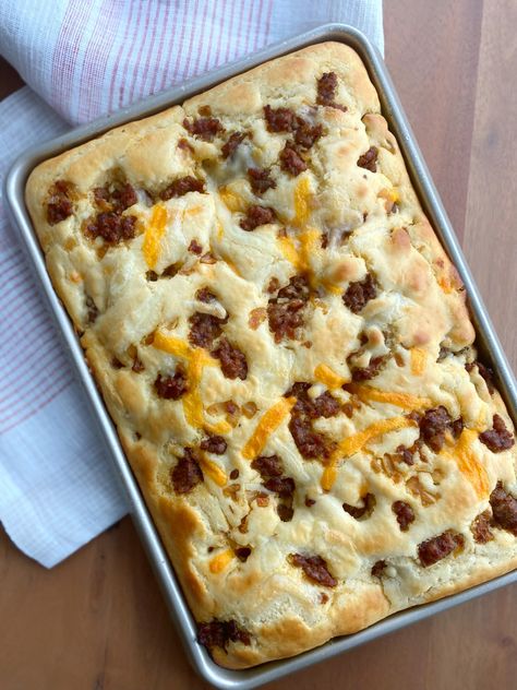 Savory Sheet Pan Pancakes with Sausage and Cheese Sheet Pan Breakfast Recipes, Sausage And Pancake Casserole, Dinner Ideas With Breakfast Sausage, Sheet Pan Pancakes With Sausage, Savory Sheet Pan Pancakes, Sheet Cake Pancakes, Pancake Sausage Casserole, Make Ahead Sheet Pan Pancakes, Link Sausage Recipes Breakfast Casserole