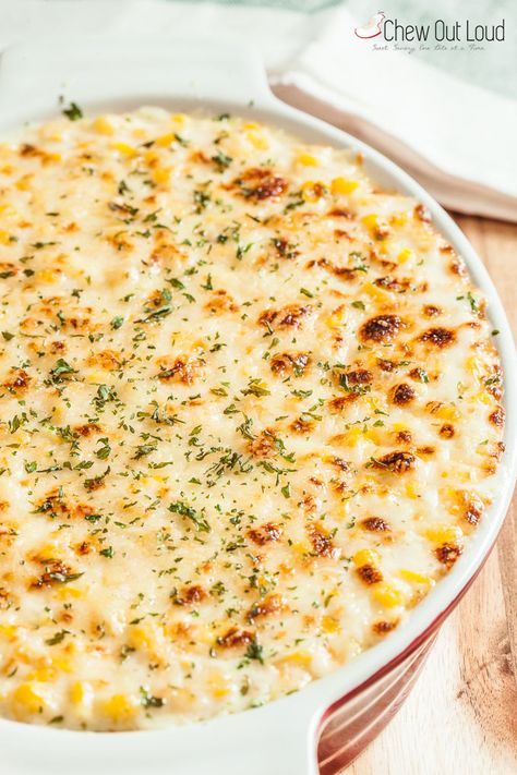 Creamed Corn Au Gratin | Chew Out Loud Corn Au Gratin, Creamed Corn Recipes, Corn Dishes, Thanksgiving Side, Creamed Corn, Corn Recipes, Thanksgiving Sides, Thanksgiving Side Dishes, Veggie Dishes