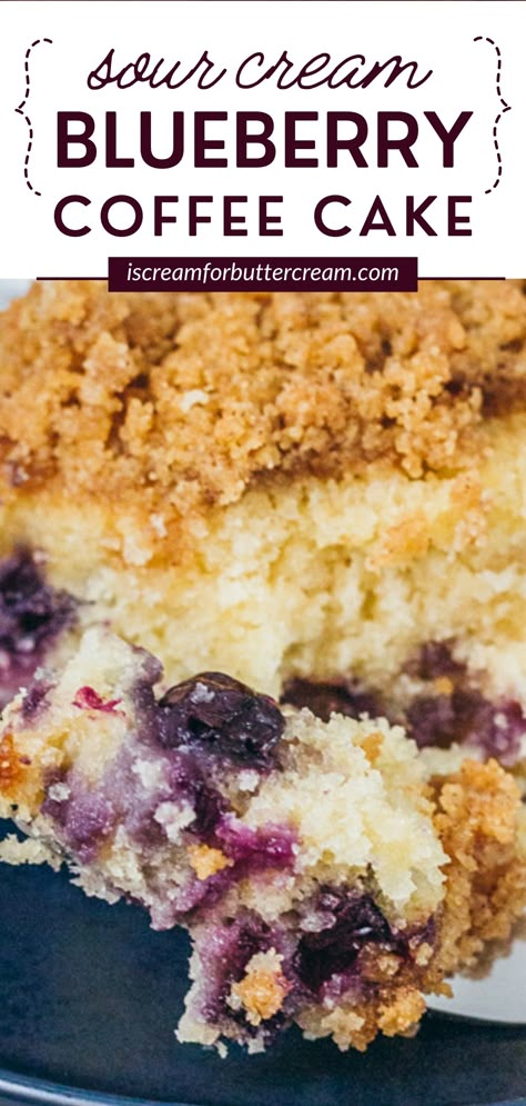 Close up image of a blueberry coffee cake with a text overlay. Blueberry Coffee Cake Recipe, Fun Boots, Cake Blueberry, Blueberry Breakfast Cake, Blueberry Coffee, Blueberry Coffee Cake, Sour Cream Coffee Cake, Coffee Cake Recipe, Blueberry Breakfast