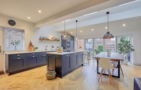 Milbourne Charcoal | Real Projects Herringbone Laminate Flooring, Herringbone Flooring, Open Plan Kitchen Dining Living, Open Plan Kitchen Diner, Floor Heating Systems, Finsbury Park, Open Plan Kitchen Dining, Open Plan Kitchen Living Room, Real Kitchen