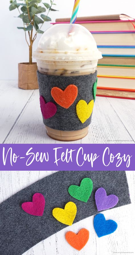 No-Sew Felt Cup Cozy Felt Cup Cozy Pattern, No Sew Coffee Sleeve, Diy Cup Sleeve, Felt Cup Cozy, Felt Mug Cozy, Felt Coffee Cozy, Library Crafts For Adults, Fabric Crafts No Sew, Felt Projects Adults