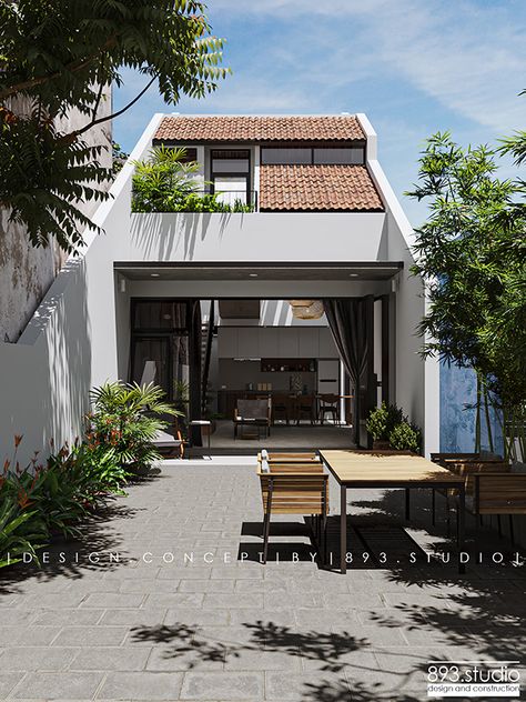 Nhan's House |CGI Design: Duy Huynh 893.studio on Behance Duy Huynh, Narrow House Designs, Home Designs Exterior, Tropical House Design, Small House Design Exterior, Narrow House, Architecture Model House, Minimal House Design, Tropical House