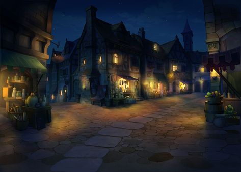 Labyrinthia West Shopping Area, Night from Professor Layton vs. Phoenix Wright: Ace Attorney Phoenix Wright Ace Attorney, German Town, Fantasy Village, Episode Interactive Backgrounds, Anime Places, Episode Backgrounds, Professor Layton, Concept Art Tutorial, Fantasy Background