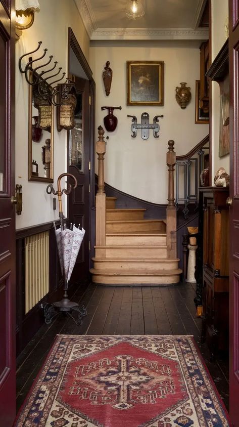 20 Timeless Victorian Hallway Ideas - Home with Ava Decorating Victorian Homes, Victorian Home Details, Victorian Townhouse Interior, Victorian Homes Interior Vintage, Victorian Baseboards, Victorian Foyer Entryway, Vintage Hallway Ideas, Victorian Hallways, Victorian Homes Exterior Colors