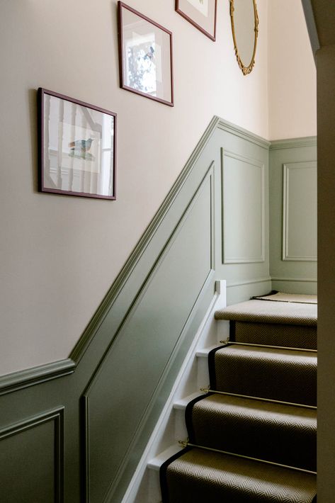 Victorian Terrace Hallway Panelling, Wooden Flooring Hallway, Red Hallway Ideas, Uk Stairs Ideas, Green Balustrade, Green Panelled Hallway, Green Bannister, Corridor Panelling, Green Panelling Hallway