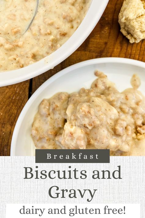 Breakfast Biscuits And Gravy, Gluten Free Biscuits And Gravy, Dairy Free Gravy, Biscuits And Gravy Recipe, Dairy Free Biscuits, Breakfast Biscuits, Gluten Dairy Free, Gluten Free Biscuits, Breakfast Specials