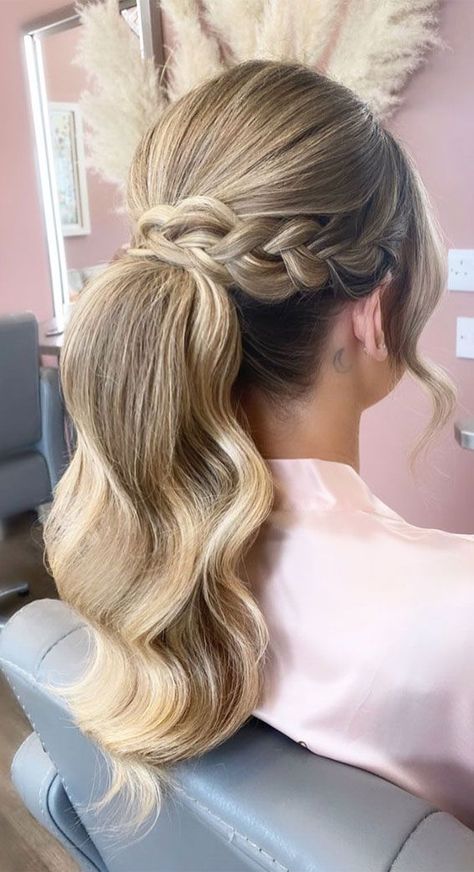 Braided ponytail/@hairbylucie/fabmoodbeauty IG Formal Ponytail Hairstyles With Braids, Fancy Wedding Ponytail, Prom Ponytail Hairstyles High With Braid, Bridal High Ponytail Wedding Hairstyles, Braid Ponytail Wedding, High Ponytail Bridesmaid Hair, High Ponytail With Braid, Bridal High Ponytail, Formal High Ponytail Hairstyles