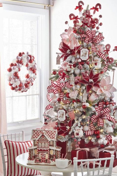 Gingerbread Christmas Tree, Whimsical Christmas Trees, Cocoa Christmas, Peppermint Christmas, Christmas Tree Inspiration, Red Christmas Tree, Christmas Bedroom, 12 December, Pink Christmas Tree