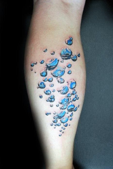 Blue Bubbles On Leg Underwater Bubbles Tattoo, Ocean Bubbles Tattoo, Sons Tattoo, Scuba Tattoo, Bubble Tattoo, Ocean Bubbles, Dove Tattoo, Circle Tattoos, Jellyfish Tattoo