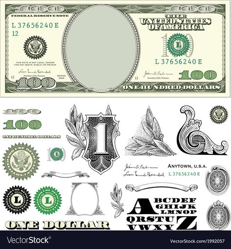 Currency Design Ideas, 100 Dollar Bill Drawing, Dollar Bill Template, Money Design Art, Dollar Art, Money Clipart, Dollar Design, Dagobert Duck, Money Logo