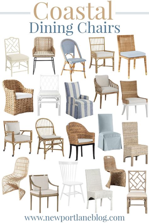 The prettiest coastal dining chairs with something for every budget and style! Check out cane, rattan, upholstered and wicker coastal dining chairs! Coastal Dining Chairs, Beach House Dining Room, Coastal Dining Room, Farmhouse Dining Rooms Decor, Coastal Farmhouse Decor, Coastal Dining, House Dining Room, Pillow Combos, Coastal Interiors Design