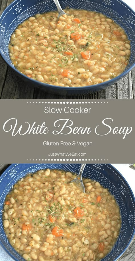 Slow Cooker White Bean Soup ~ This gluten free & Vegan white bean soup makes a regular appearance at the dinner table in our house. It’s warm, creamy, and super easy to make. Throw all of the ingredients in the crock-pot and cook on high for 4 hours or low for 8 hours. Yumtastic Recipes, Vegan White Bean Soup, Vegan Slow Cooker, Healthy Soups, Creative Recipes, Daniel Fast, White Bean Soup, Crock Pot Soup, Slow Cooker Soup