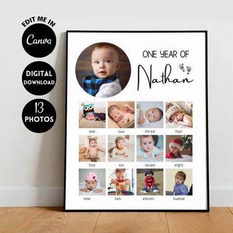 EDITABLE Personalized Baby 1st birthday Photo Collage Template Gift Poster | 1st year Milestone | 12 months photo 1st Birthday Photo Collage, Photo Collage Ideas, Baby Photo Collages, 12 Photo Collage, Wedding Photo Collage, 1st Birthday Photo, Birthday Photo Collage, Baby Photo Frames, Meaningful Artwork