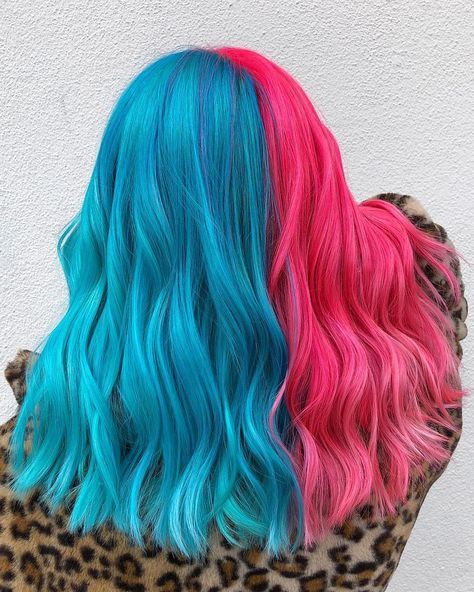 Color Carnival: Fun and Festive Hairstyle Ideas That Burst with Color Bubblegum Blue Hair, Pulpriot Haircolor, Neon Hair Color Ideas, Bright Coloured Hair, Blue Pink Hair, Pink And Blue Hair, Blue And Pink Hair, Two Color Hair, Split Dyed Hair