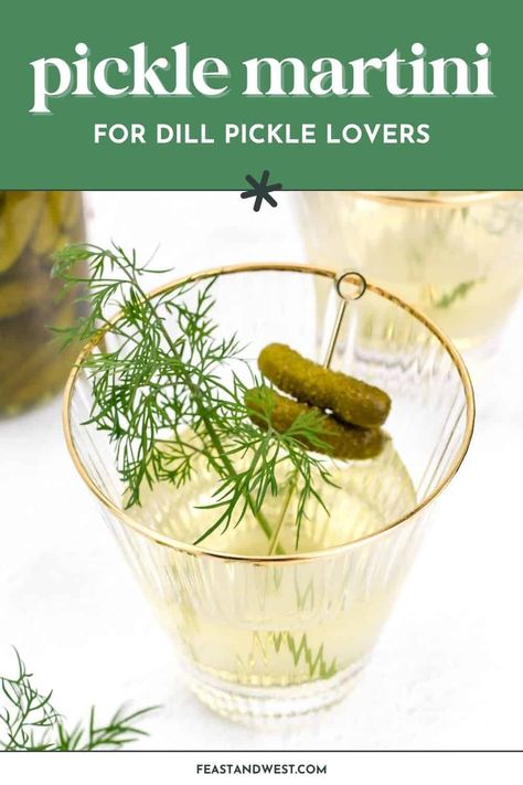 Pucker up for this tasty Dill Pickle Martini! This bold cocktail is the stuff of a pickle lover’s dreams. To make a quick Pickletini, you only need four ingredients and five minutes of your time. https://feastandwest.com/2015/08/14/pickled-martini/ Drinks With Pickle Vodka, Pickled Martini, Pickle Juice Martini, Pickle Martini, Martini With Olives, Tequila Martini, Frozen Drinks Alcohol, Pickle Vodka, Craft Beer Recipes