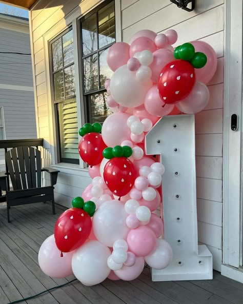 Brookhaven Balloons on Instagram: “Berry First Birthday 🍓 #balloondecor #berryfirstbirthday #berrysweet #marqueenumber #atlantapartydecor #atlantaballoons…” Strawberry One Birthday Party, Berry Balloon Arch, Berry First Birthday Balloon Arch, Berry First Birthday Balloons, Berry Themed Birthday Party, Berry First Birthday Balloon Garland, Diy Berry First Birthday Decorations, Berry First Birthday Backdrop, Berry First Birthday Decorations