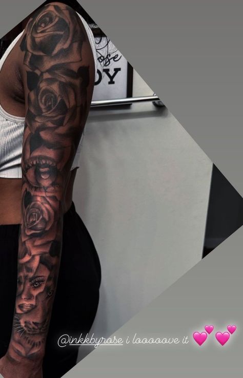 Full Arm Tattoos For Black Women, Full Sleeve Tattoos For Women, Black And Red Arm Sleeve Tattoo, Women Full Sleeve Tattoo, Rose Sleeve Tattoo Black Women, Whole Sleeve Tattoos For Women, Full Arm Sleeve Tattoos For Women, Full Sleeve Tattoos Women, Girl Arm Sleeve Tattoo Black Women