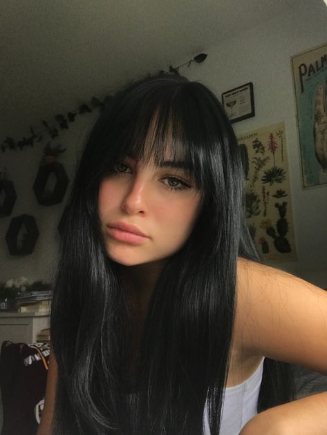 @isabel.reyn on instagram Fringe Bangs Dark Hair, Bangs With Black Long Hair, Black Hair Fringe Bangs, Black Hair Long Bangs, Dark Black Hair Aesthetic, Long Black Hair With Bangs Straight, Long Dark Hair Bangs, Bangs With Dark Hair, Black Hair Woman Aesthetic