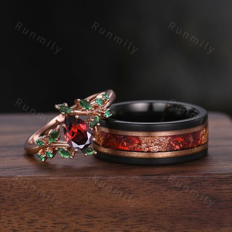 Here we have a Oval cut Ruby couples ring set rose gold matching promise ring His and Her wedding band Mens gold leaf tungsten ring anniversary gifts ITEM DESCRIPTION ✦ Handmade, high-quality item! ✦ Material: Sterling Silver/Solid Gold/Tungsten ►Sold as a two-piece set ►His ring is Black Tungsten Carbide with rose gold leaf and ruby inlay. ►His band width: 8mm ►His tungsten ring will not turn green itself and will not cause your skin to turn green.  ✦ Durable - Incredibly Scratch-Resistant to a Marvel Wedding Rings, Garnet Engagement Ring Men, Custom Wedding Bands For Men, Fall Wedding Rings, Unique Engagement Rings For Men Future Husband, Ruby Wedding Rings Men, Unique Wedding Rings For Him, Garnet Ring Men, Simple Non Traditional Wedding Rings