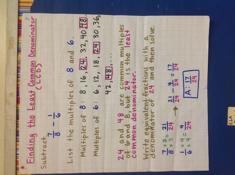 Least common denominator chart Gcf Anchor Chart, Simplify Fractions, Maths Tips, Least Common Denominator, Math Fraction Activities, Graphing Quadratics, Least Common Multiple, Common Multiples, Fraction Word Problems